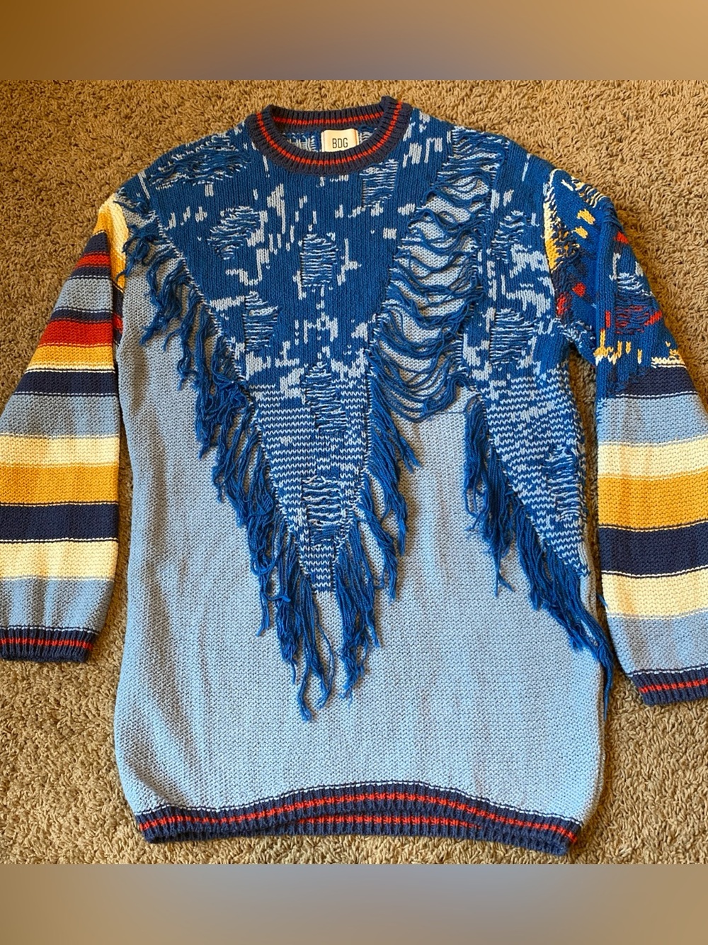 Urban Outfitters BDG Sweater Womens S Marlon Blue Fringe Boho Indie Art Festival